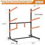 UOKRR 3 Kayak Storage Rack, Freestanding Kayak Racks for Garage, Heavy Duty Adjustable Kayak Stand Indoor Outdoor Storage Rack for Kayaks, Canoes, Surfboard & Paddleboard (3 Levels with paddle hook)